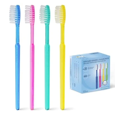 Image de 200x ARNOMED brosses à dents jetables avec dentifrice, emballées individuellement, rouge, bleue, verte &amp; jaune, set de brosse voyage, y compris dentifrice au goût menthe