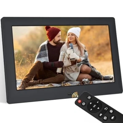 Image de TSITSC Cadre photo numérique de 10,5 pouces, écran IPS 1280 x 720, calendrier, fonction horloge, musique, photo, lecteur vidéo avec télécommande, prend en charge les cartes USB/SD (noir)