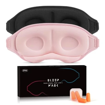 Image de Aosun 2023 Lot de 2 masques sommeil pour les personnes dormant sur le côté, masque 3D amélioré homme et femme, 100 % bloquant la lumière, avec élastique réglable bouchons