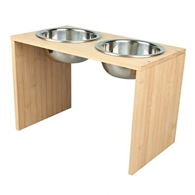 Image de gamelles surélevées pour Chiens et Chats Supports surélevés en Bambou avec 2 d&#039;eau de Nourriture Acier Inoxydable Pieds antidérapants (Deux Bols (Bois Naturel))