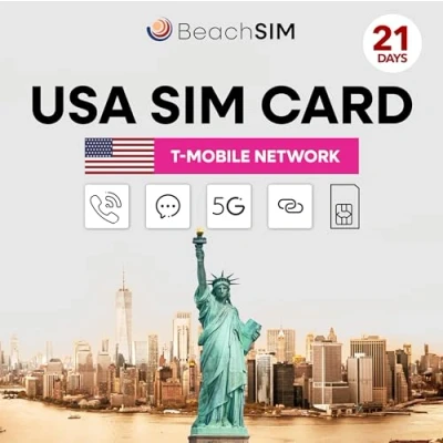 Image de BeachSIM Carte SIM USA 21 Jour. Données, appels et textes 5G illimités. Hotspot jusqu&#039;à 10 appareils. T Mobile réseau. Appareils iOS Android.