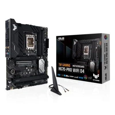 Image de ASUS TUF gaming H670 PRO WIFI D4 Carte mère Intel LGA 1700 ATX (PCIe 5.0, 4 x PCIe 4.0, M.2, 14+1 DrMOS, 2.5Gb Ethernet, DisplayPort, HDMI, USB 3.2 Gen 1 Type C, Aura Sync RGB)