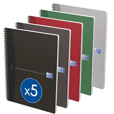 Image de OXFORD Lot de 5 Cahiers Essentials A4 Grands Carreaux Seyès 180 Pages Reliure Spirale Couverture Carte Coloris Assortis
