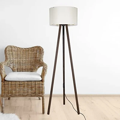 Image de Lampadaire Stylé Trépied Lampe sur Pied MDF PVC Textile Douille E27 Hauteur 136 cm Effet Noyer Crème