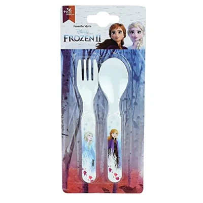 Image de FUN HOUSE DISNEY REINE DES NEIGES ENSEMBLE DE COUVERTS REUTILISABLES COMPRENANT UNE FOURCHETTE ET CUILLERE POUR ENFANT H.13,5 X L.3 CM Vaisselle réutilisable