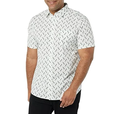Image de Amazon Essentials Chemise en Popeline à Manches Courtes Coupe Ajustée Homme, Bleu Clair Imprimé Oiseau, L