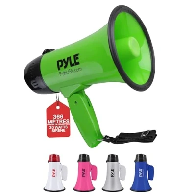 Image de Pyle Haut Parleur Mégaphone Portable avec Sirène Porte Voix Compact et Fonctionnant sur Piles Puissance de 20 Watts, Microphone, 2 Modes, Sonorisation PA Poignée Pliante Vert