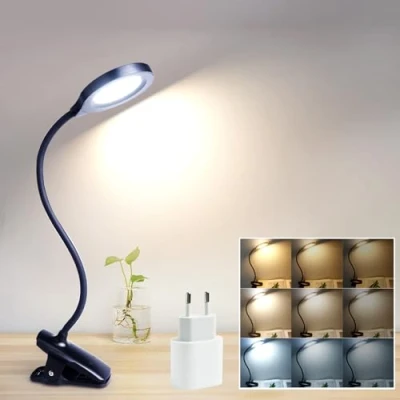 Image de Akynite 8W Lampe de Bureau Pince USB Rechargeable sans Fil, 1050LM, 3 Couleur et Intensité, Lit Tactile &amp; Dimmable pour Enfants, Lecture au Lit, Portable, Noire