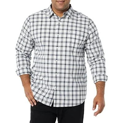 Image de Amazon Essentials Chemise en Popeline Extensible À Manches Longues Et Coupe Standard Homme, Bleu Marine Blanc Écossais, XS