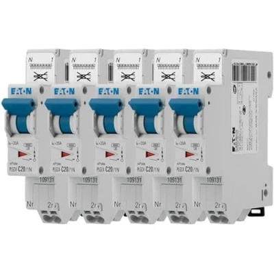 Image de EATON 109131 PLGC4 C20/1N DISJONCTEUR MODULAIRE PH/N Blanc MANETTE BLEUE 1P+N / 20 A COURBE C Raccordement direct sans vis 5 disjoncteurs