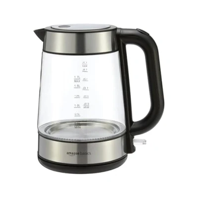 Image de Amazon Basics Bouilloire électrique en verre, 1,7 litres, 2200W, Noir, Argenté