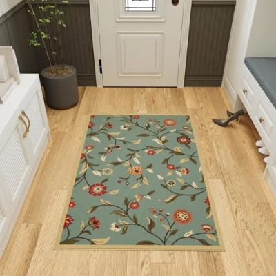 Image de Ottomanson Tapis décoratif collection Ottohome dos en caoutchouc motif feuilles style contemporain 100 cm x 150 vert écume