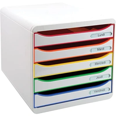 Image de Exacompta Réf. 309913D BIG BOX PLUS Caisson 5 tiroirs pour document A4+ Dimensions extérieures : Profondeur 34,7 x largeur 27,8 Hauteur 27,1cm Blanc/Arlequin/blanc