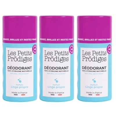 Image de LES PETITS PRODIGES Déodorant Linge Propre Efficacité 48H Peau sensible 100% naturel Tout Type DE Sans Alcool Conservateur Aluminium Parabène Fabriqué en France Vegan LOT 3x40g