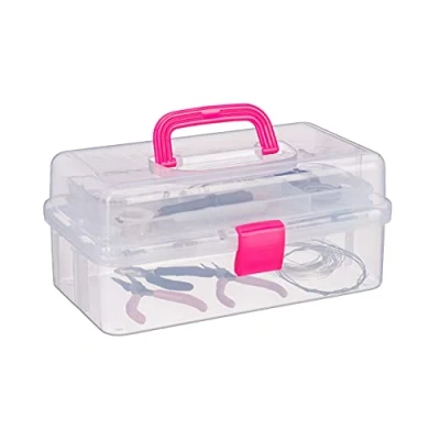 Image de Relaxdays 10024158_52 Boîte en plastique transparente, 9 compartiments pour petits objets, Poignée, HLP 14x33x19 cm, rose, 14 x 33 19,5 cm