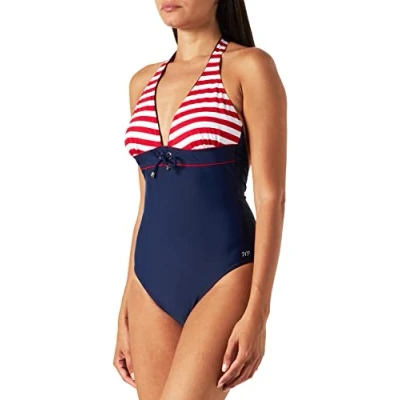 Image de Haute pression Y1006 Maillot de bain une pièce À rayures Femme, Marine (Rayé Rouge), FR: 38 (Taille fabricant: 38)