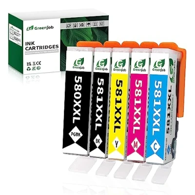 Image de Greenjob PGI 580 CLI 581 XXL Compatible Cartouche d&#039;encre pour Canon TS6150 TS6151 TR8550 TR7550 TS8150 TS8151 TS9150 TS9155 (PGBK/Noir/Cyan/Magenta/Jaune, Paquet de 5)