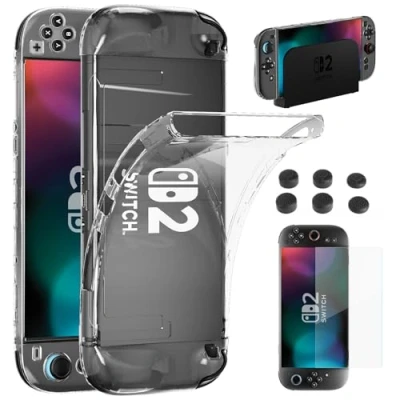 Image de HEYSTOP Coque Compatible avec La Nintendo Switch 2, Dockable Housse de Protection Transparente en TPU Souple D&#039;écran 2 et 6 Embouts Pouce Silicone pour
