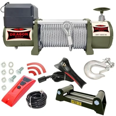 Image de Dragon Winch Treuil électrique 24V 14000 lbs / 6350 kg, avec câble en acier 20m pour les véhicules industriels, pompiers et camions télécommande sans fil + accessoires Truck