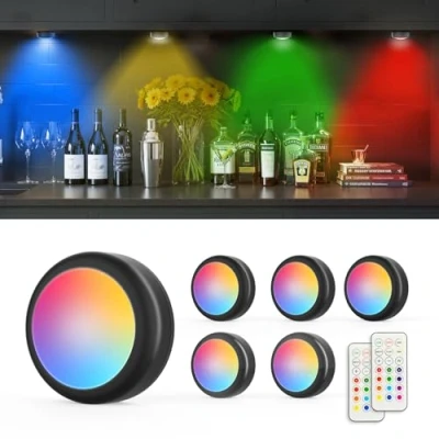 Image de Moman Lampe de Placard Lot 6, 13 Couleurs LED Veilleuse avec Télécommande, Minuterie Intensité Réglable Lumière Cuisine Sous Meuble Eclairage à Piles Pour Armoire,Escalier,Vitrine (T025 Noir)