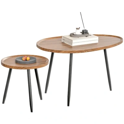 Image de HOMCOM Lot de 2 Tables Basses gigognes, Table d&#039;appoint empilable Design Industriel, Basse Salon, Pieds en métal, pour Chambre, Bureau, Effet Bois Noyer