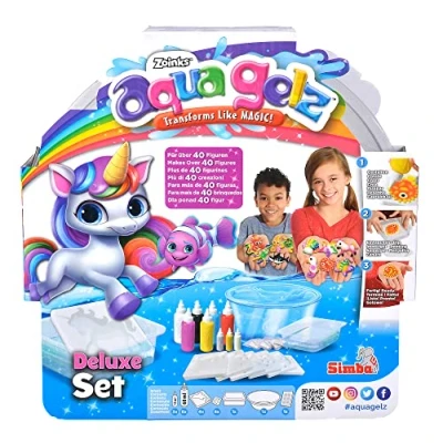 Image de Simba Aqua Gelz Deluxe 106322563 Kit de bricolage créatif avec base 9 bouteilles gel couleur, 6 formes, additifs d&#039;eau, brillant dans le noir et paillettes À partir 8 ans