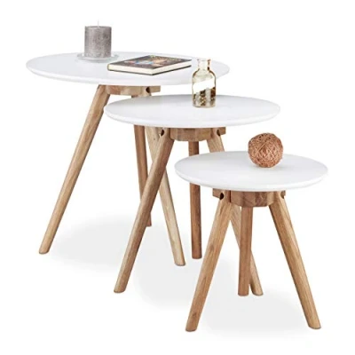 Image de Relaxdays table d&#039;appoint bois de noyer lot 3 basse 50, 40 et 32 cm bout canapé console plateau blanc design nordique, nature