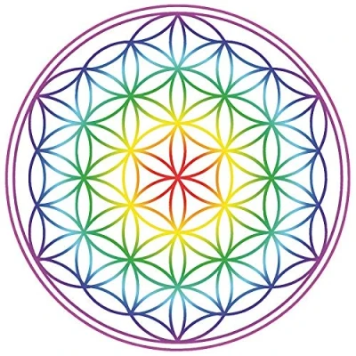 Image de Lot d&#039;autocollants 4 x 4,5 cm « Fleur de vie » Chakra arc en ciel transparent