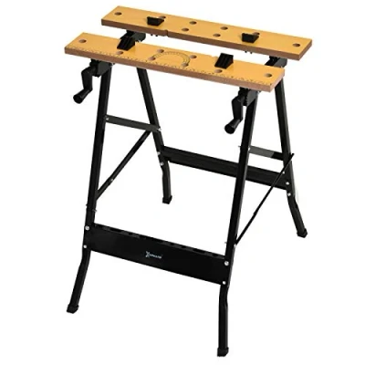 Image de DURHAND Établi pliant établi de serrage avec 4 serre joints table travail chevalet sciage, charge 100 kg, structure en acier, plan pour chantier atelier garage, 62,5x60,5x78,5cm, noir