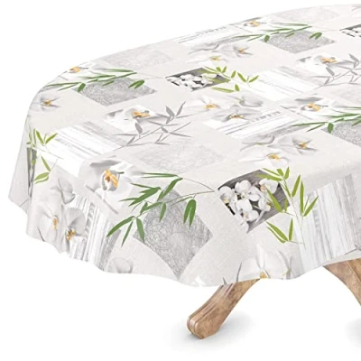 Image de Nappe en toile cirée lavable, ovale, bord coupé, motif orchidée, spa, facile d&#039;entretien, 140 x 160 cm