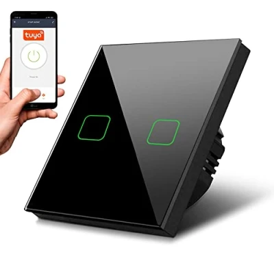 Image de Maclean MCE717B Smart WiFi 2 Fach Touch Lichtschalter Kompatibel mit Tuya APP Wandschalter Glas Schalter Farbwechsel LED Hintergrundbeleuchtung Einbauschalter 85x85mm (2 Eckig, Schwarz)