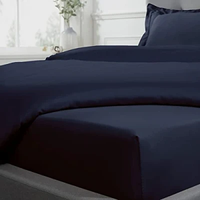 Image de Sleepdown Drap Housse 100% Satin de Coton Doux et Confortable, 40 cm, très Profond, 300 Fils au Pouce carré, Bleu Marine, Super King Size