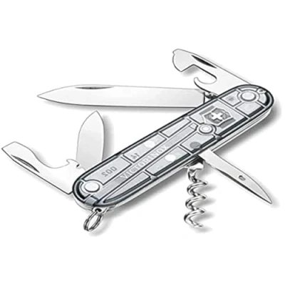 Image de Victorinox Spartan Couteau de Poche Suisse, Léger, Multitool, 12 Fonctions, Lame, Ouvre Boite, Tire Bouchon, Argent Transparent
