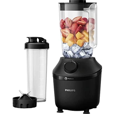 Image de PHILIPS Blender Daily HR2041/41, 450W, 4 lames ProBlend 4, Bol plastique de 1,9L, Gourde, 1 vitesse + pulse, Noir