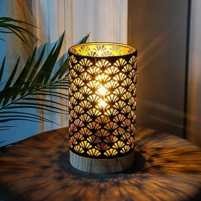 Image de JHY DESIGN Lampe de Table 19cm Haut équipé d&#039;une Minuterie 6 Heures Bureau Abats jour et Pieds LED Fer Forgé Avec Base en Bois Cylindrique Sculptée Moderne Pour Chambre Salon (Ventilateur)