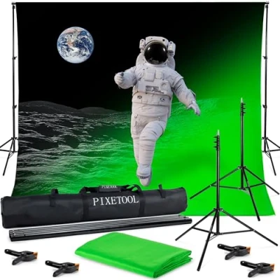 Image de Fond Vert 3x3 m, Green Screen Photo Studio avec Toile de 2,6 x 3 m ajustable 2 Pinces Fixation, Sac transport
