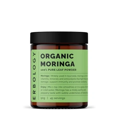 Image de Poudre de feuille moringa pure 100 % bio 180 g Immunité Droit la ferme en Inde Crue et végétalienne Sans OGM additifs ni conservateurs Bocal verre recyclable