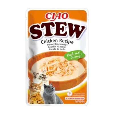 Image de INABA Ciao Stew Poulet Recipe Friandise pour Chat Humide Délicieuse et Saine Sauce Plat d&#039;accompagnement Complément Naturel sans Céréales Pâtée 1 x 40g
