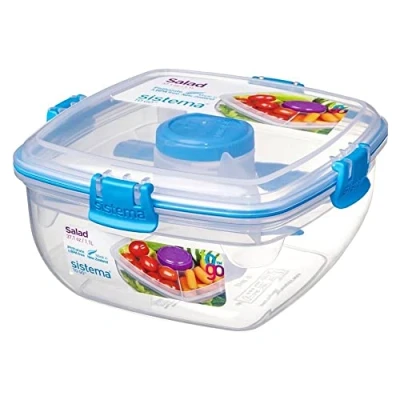 Image de Sistema Salad TO GO Récipient de conservation alimentaire avec compartiments individuels, couverts voyage et pot à vinaigrette 1,1 litre Sans BPA Coloris assortis