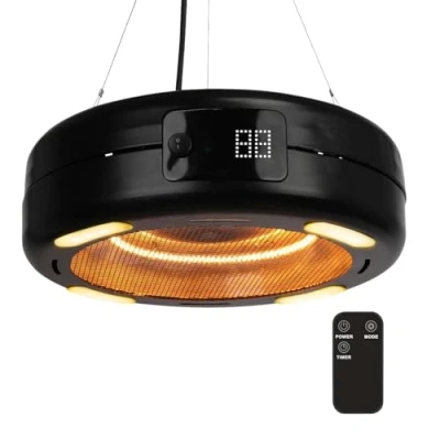 Image de Home It® Chauffage Exterieur Terrasse Suspendu 2 en 1 avec LED Infrarouge 1500W, 3 Niveaux de Chaleur, Télécommande, IP34