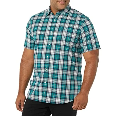 Image de Amazon Essentials Chemise en Popeline à Manches Courtes Coupe Ajustée Homme, Bleu Sarcelle Blanc Écossais, XL
