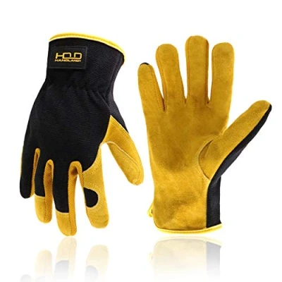 Image de gants de travail en cuir, pour jardinage, mécanique, conduire, cuir vachette qualité supérieure doublé, favorisent la dextérité et respirants, Jaune/noir