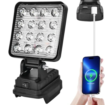 Image de lampe de travail LED à batterie pour Makita 18 V, 27 W chantier avec chargement USB, projecteur portable, réparations automobiles, urgences