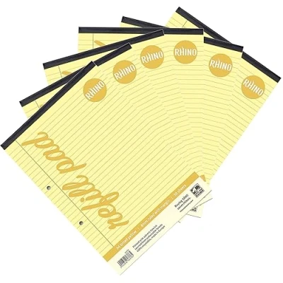 Image de RHINO Lot de 6 blocs Papier jaune A4 ligné 8 mm avec marge 50 feuilles/100 pages à lettre idéal pour la dyslexie et autres SEN