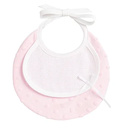 Image de Filet Petit Bavoir rond en tissu doux à pois effet 3D avec insert toile Aida broder, fermeture lacets, idéal pour les nouveau nés, fabriqué Italie, couleur rose