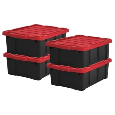 Image de Iris Ohyama, Caisse Rangement avec Couvercle Robuste, 43L, Lot de 4, Rouge, Compact, Durable, Empilable, pour Garage, Etagères, Déménagement, Plastique, Boite a Outils, Bac Rangement, DDSKT 430