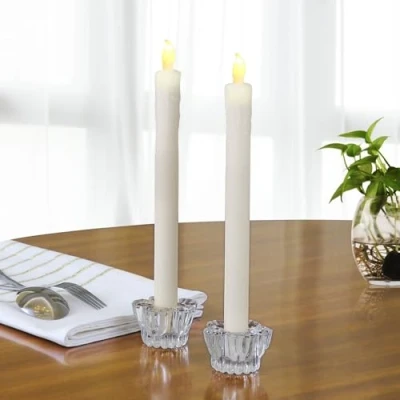 Image de Set de 12 bougies LED en cire véritable Chandelle sans flamme avec bougeoir verre Lumière blanc chaud