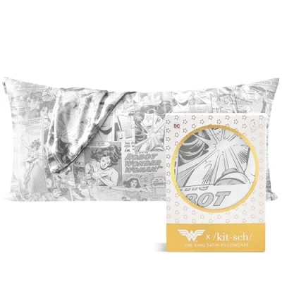 Image de Wonder Woman x Kitsch Taie d&#039;oreiller en Satin pour Cheveux, Plus Douce Que la Soie de mûrier avec Fermeture éclair, 48,3 66 cm, taies Taille Standard (imprimé Comique)