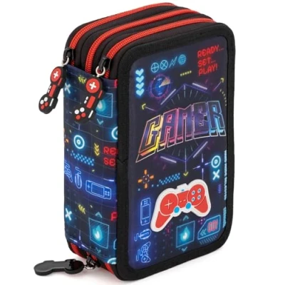 Image de Julian Ross Gamer Pro Player Trousse pour Enfant, Étui Triple Rempli 3D Garçon, 45 Accessoires l&#039;École, 3 Fermetures Éclair, Compartiments Organisés, Crayons de Couleur, Feutres, Colle, Ciseaux