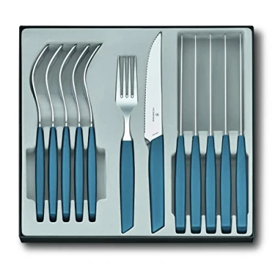 Image de Victorinox Swiss Modern Ensemble de couverts pour 6 personnes, 12 pièces, y compris couteau à steak tranchant lame crantée, manches en plastique, bleu bleuet
